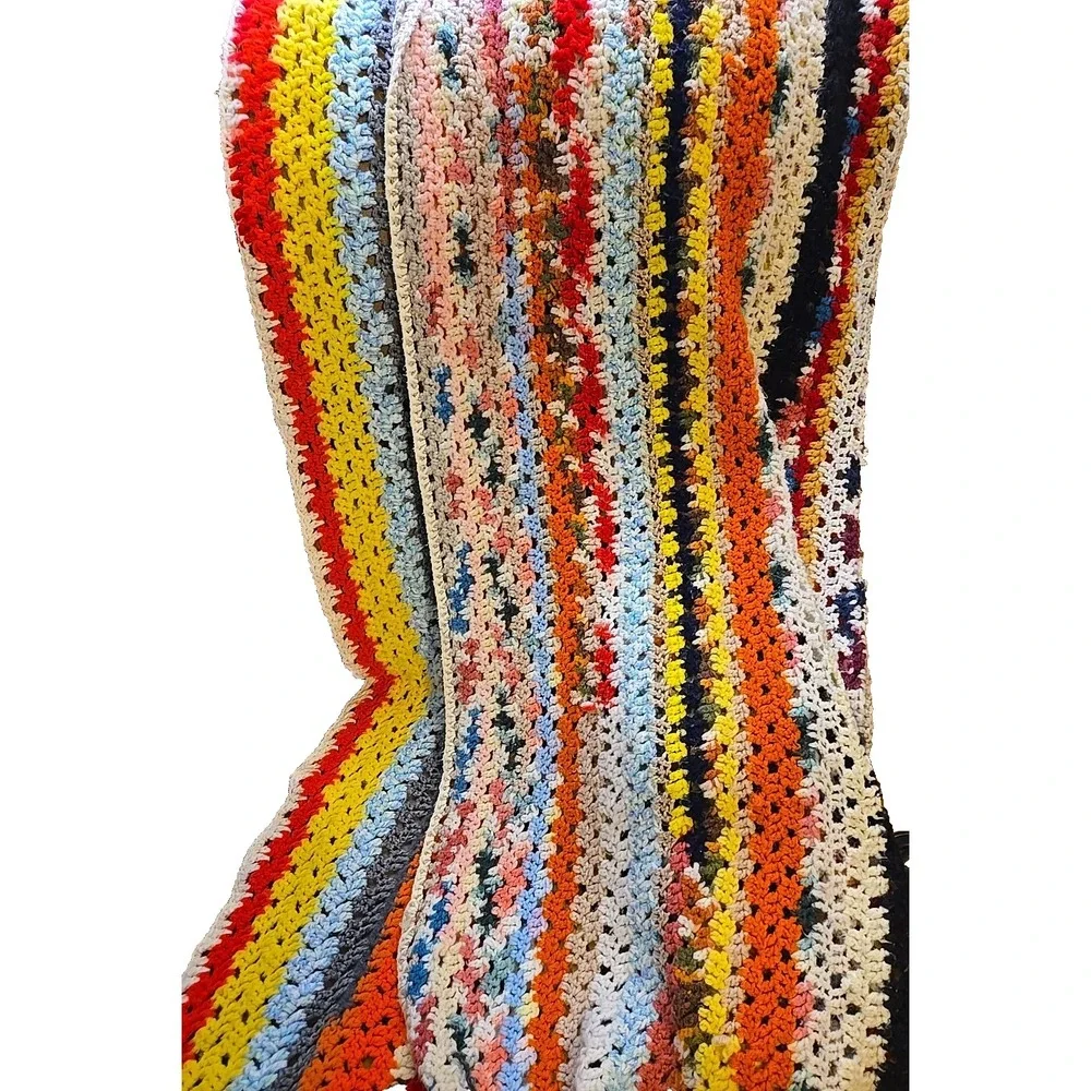 Vtg Crochet Blanket Throw Handmade Granny Stripe Multicolor Boho 56x47 Afghan